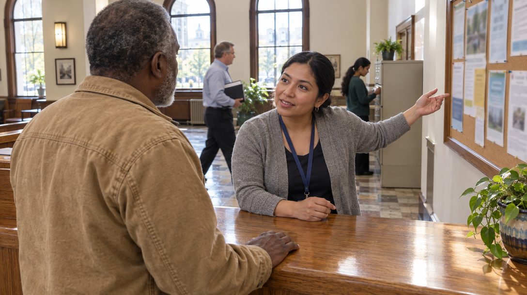 Over-the-shoulder view of an older resident at a wooden city hall service counter talking with a clerk, who points toward a meeting schedule board on the wall behind her.