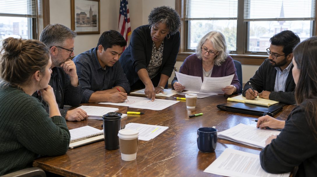 A small group of city employees seated around a conference table at city hall, marking up printed draft documents with pens while a facilitator stands near a whiteboard.
