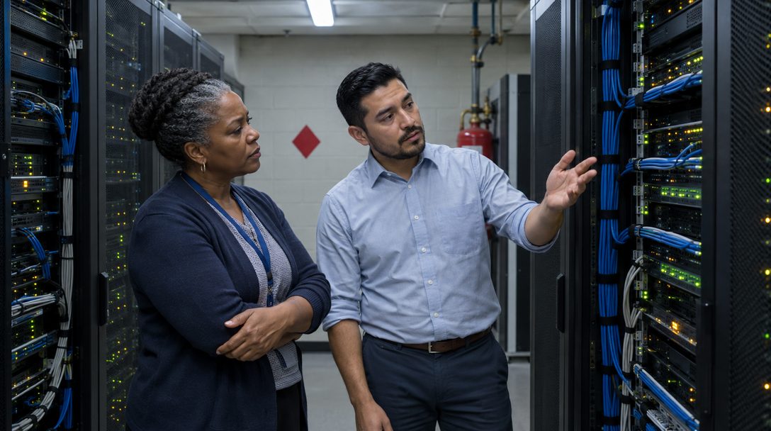 A city IT manager and a city clerk stand between network racks with green and amber status lights in a small municipal server room, talking seriously.