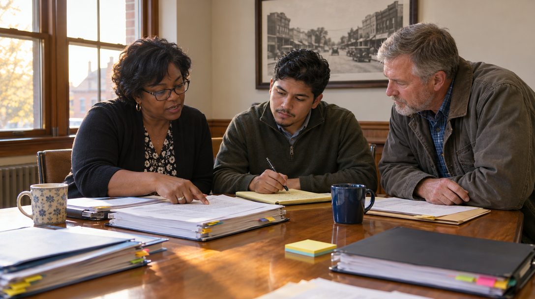 A city clerk and two staff members review printed agenda packets and binders spread across a wooden conference table in a small city hall.