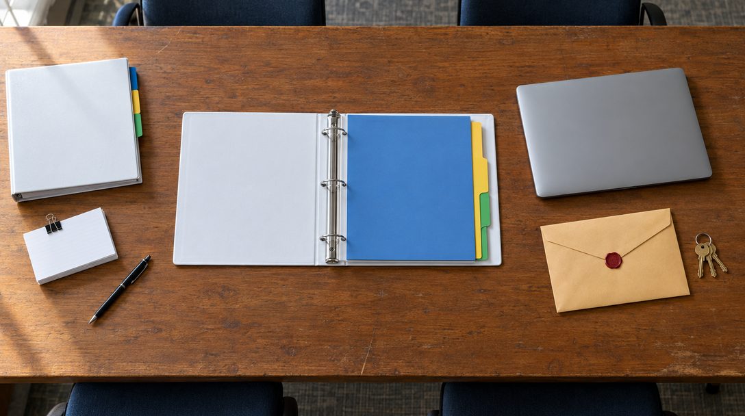 Top-down view of a conference table with a thick three-ring binder open to a page with colored tab dividers, a closed laptop, a sealed manila envelope, a ring of keys and a pen arranged beside a stack of index cards.