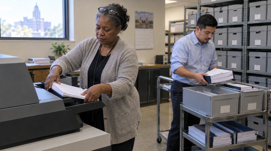 A records technician feeds a stack of signed council resolutions into a large document scanner in a city records workroom while a deputy clerk sorts approved agenda packets on a nearby cart.