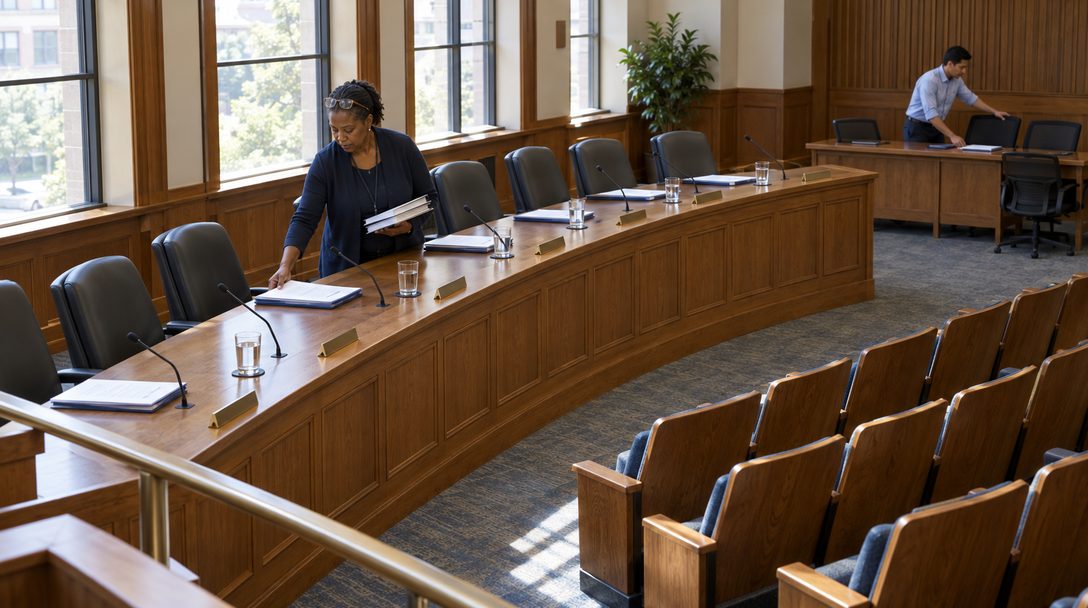 Empty city council chamber in daylight seen from a high side angle, with one clerk walking along the curved dais placing a briefing packet and a glass of water at each council seat.