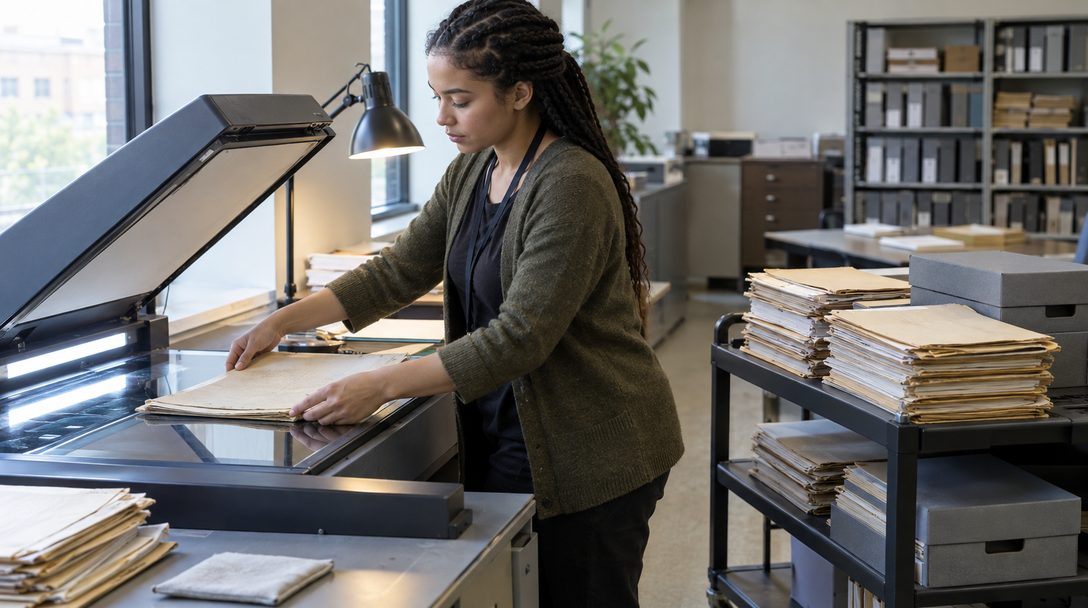 A city clerk and a records coordinator sort printed council packets and archive boxes on a long table in a city hall records room.