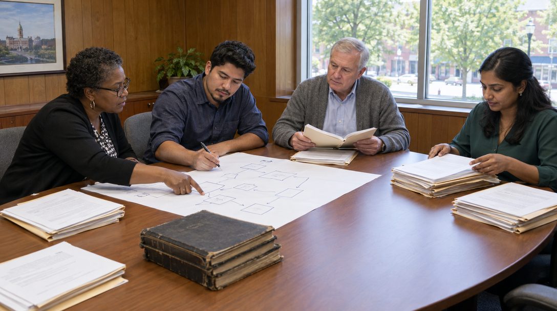 Four city staff members around a conference table in a small city hall, comparing printed agenda packets and hand-drawn workflow diagrams while evaluating meeting software options.