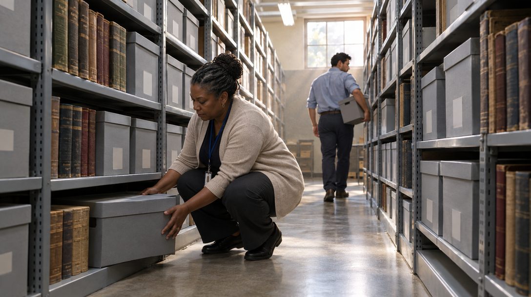 Low angle view down a municipal records aisle of steel shelving and archival boxes as a deputy clerk pulls a box of bound ordinance books from a lower shelf and a records technician carries another box toward the end of the aisle.
