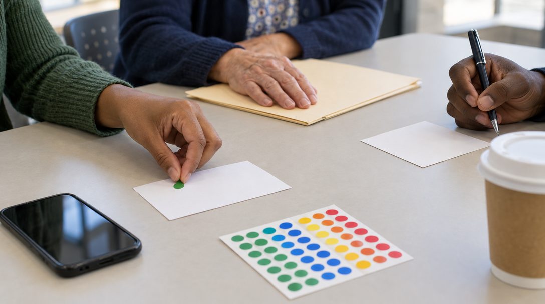 Close-up of hands around a retreat table: one hand pressing a colored dot sticker onto a blank card, another resting on a closed folder beside a face-down phone and a pen.