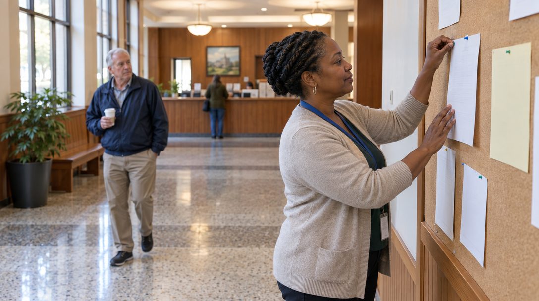 A city hall staff member pins a sheet explaining how to request public records to a lobby notice board while a resident walks past in the background.