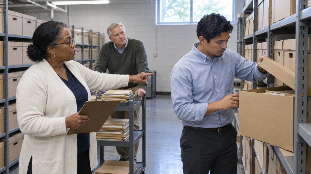 A city clerk and a records technician reviewing labeled archive boxes on gray metal shelving in a municipal records room.