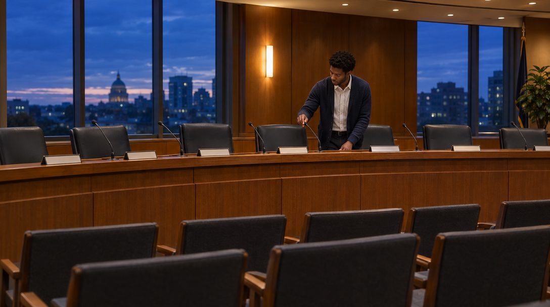 A city clerk and a city attorney at a conference table reviewing a printed, marked-up copy of council rules with pens and colored tabs.
